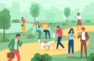 People with gadgets in park. Men and women spend time in city garden using electronic devices, walking outdoors with phones and tablets. Walkers in summer park vector cartoon concept