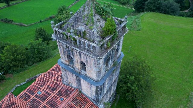 Aerial view of the Church of San Lorenzo in the town of Llerena in the municipality of Saro. Cantabria, Spain, Europe