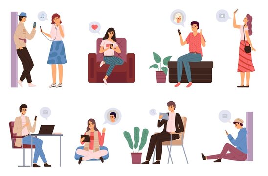 People surfing internet. Men and women spending time online using devices laptop, smartphones and tablets, addicted to gadgets. Characters texting, making selfie, chatting vector set