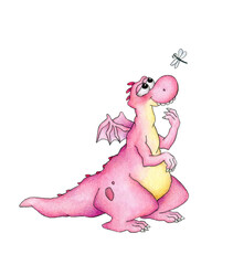 Cute pink lady dragon is interestedly looking on the dragonfly and smiling. Isolated on white background.