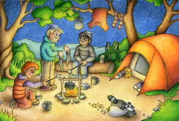 Three friends are resting in the evening in front of a bonfire in a tent camp while the raccoon is stealing their cookies. © Tatiana