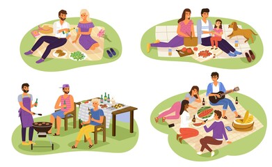 Fototapeta premium Picnic people. Happy groups young women and men have lunch on nature together, friends sitting in park, family outdoor eat and drink, bbq party, couple romantic date cartoon vector set