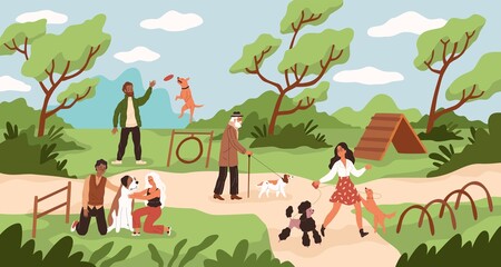 Dog park. People walk and play with dogs at training ground, men and women outdoor games with domestic pets, owners characters with animals on nature. Vector flat cartoon concept