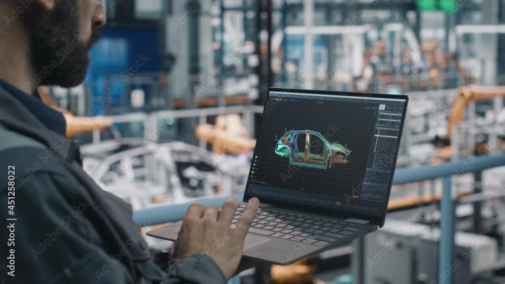 Aufkleber car factory engineer in work uniform using laptop computer with digital 3d cad vehicle blueprint. ma