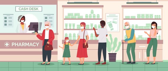 Pharmacy counter queue. People and pharmacist in medical masks waiting for turn at store, medical drugs seller at checkout, shelves and display cases with medicines in drugstore vector concept