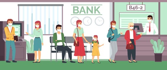 Bank queue. Customers in masks waiting for turn, financial transactions center, visitors in lobby interior, different ages people in office male employee on reception vector flat concept