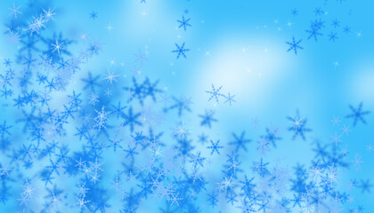 Christmas blue background with falling snowflakes. Background for design. Preparing for the New Year and Christmas. Winter background. Copy space.