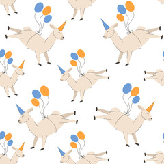 Birthday party llama in a cap flies on ballons seamless pattern with funny lamas alpacas for cover, wrapping paper, background
