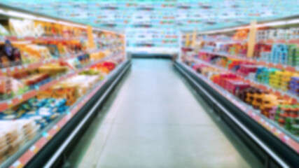 Abstract blur image of supermarket background. Defocused shelves with food. Dairy products. Grocery...