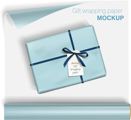 Vector gift wrapping paper rolls mock up and box with bow on light background. Template for your design with transparent shadows - obrazy, fototapety, plakaty