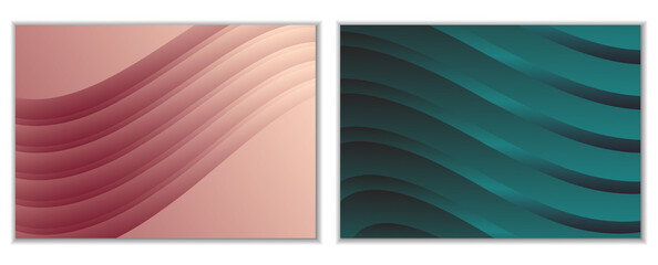 Abstract gradient waves background and folds. A set of 2 templates. 3D illustration in gentle pastel colors. Vector