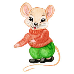 Mushroom house. A mouse lives in the house. Silk illustration.Watercolor drawings of mice, cute animals, a set of watercolor toys. Children's illustration. On a white background.