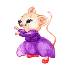 Mushroom house. A mouse lives in the house. Silk illustration.Watercolor drawings of mice, cute animals, a set of watercolor toys. Children's illustration. On a white background.
