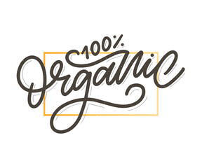 Organic brush lettering. Hand drawn word organic with green leaves. Label, logo template for organic products, healthy food markets.