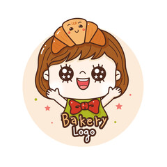 Cute girl happy with croissant . Logo for bakery.