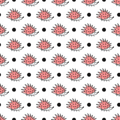 Vector seamless pattern with pink hedgehogs and dots on white background. Hand-drawn cute doodle illustration.