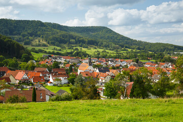Fototapeta na wymiar Hausen im Killertal, Ortsteil der Stadt Burladingen auf der Schwäbischen Alb (Hohenzollern)