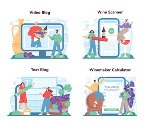 Wine online service or platform set. Grape wine in a bottle