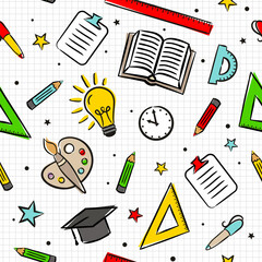 Seamless cartoon pattern with school elements on a sheet in a box. Kids Pattern with education objects: ruler, book, lightbulb, palette, pen, pencil and stars. Vector background. 