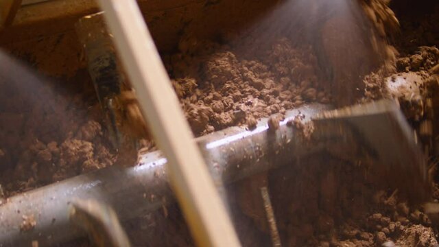 Moistening the clay mass at the brick factory
