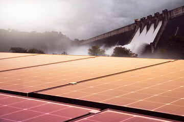 waterfall from dam and Solar panels, Renewable energy clean and good environment.