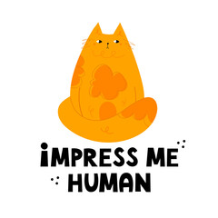 Impress me human. Cute, fat hand drawn cat character. Handwritten lettering. Funny, naughty kitten. Cartoon style flat vector illustration. Design for poster, t shirt, prints, cards, stickers.. - obrazy, fototapety, plakaty