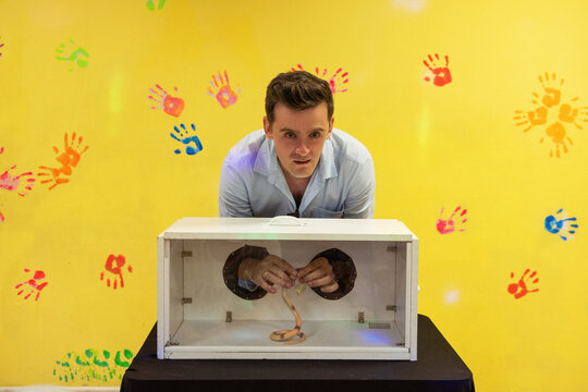 Blind guess game by touch . Man guesses by touch that he does not see in the box, Snake in the box. Happy birthday celebrating or games with friends concept