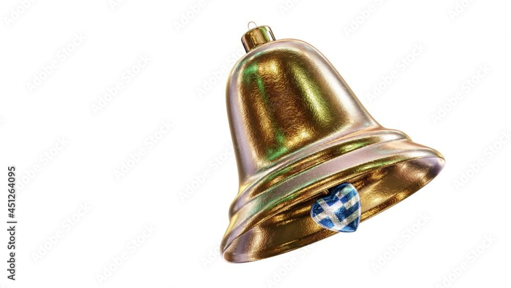 Poster realistic looping 3d animation of the fancy golden textured christmas bell with greece national flag