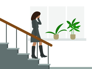Female character talking on the phone and going down the stairs against the background of a wall with a window and plants