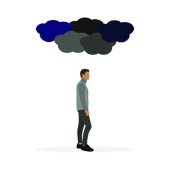 Dark clouds over the head of a male character on a white background