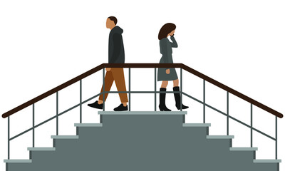 Female character talking on the phone and male character going down the stairs in different directions
