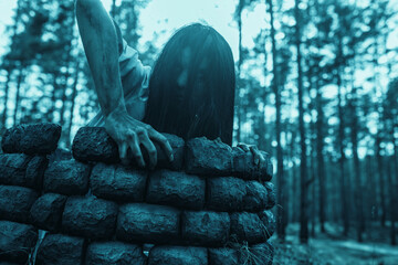 Girl in image of scary zombie crawls out of the stone well in dark forest.