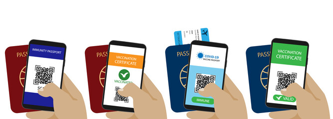 Set of hand holding smartphone with vaccination certificate.Qr code.Covid 19 passport.Vector immunity passport .Vaccine or immune passport.