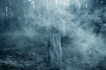 Girl in image of scary zombie walks in dark forest among smoke.