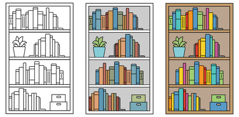 Filled Bookshelf Clipart Set - Outline and Colored © ATerra