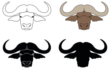 African Buffalo Head and Horns Clipart Set - Outline, Silhouette and Color