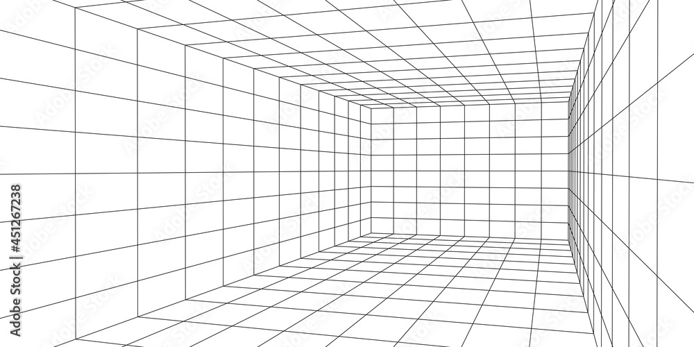 Poster wireframe room on the white background. vector perspective grid. box with digital space.