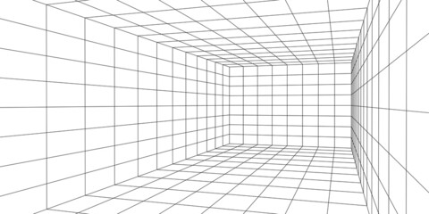 Wireframe room on the white background. Vector perspective grid. Box with digital space.