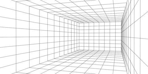 Foto op Canvas Wireframe room on the white background. Vector perspective grid. Box with digital space. © Flow 37