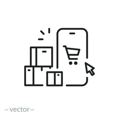 online shipping icon, ecommerce, click with collect order, phone consumer, pick and receive box, thin line symbol on white background - editable stroke vector illustration eps10