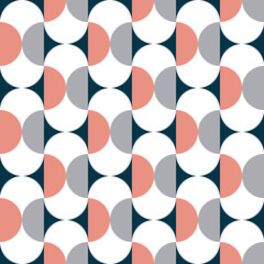 Seamless geometric Mid Century inspirational pattern with colorful (pink, white, grey) semicircles decoration on navy blue background - 451267436