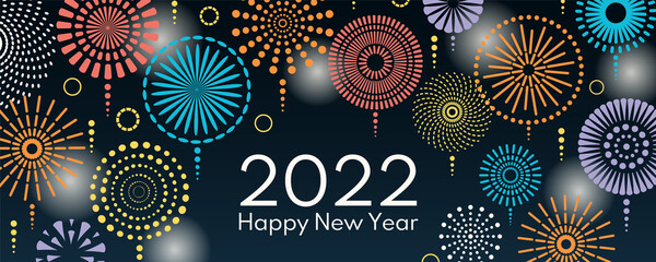 Colorful fireworks 2022 Happy New Year, bright on dark background, with text. Flat style vector illustration. Abstract geometric design. Concept for holiday greeting card, poster, banner, flyer.