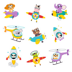 Cute Animals Flying on Airplane and Helicopter Vector Set