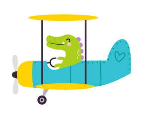 Obraz na płótnie Canvas Cute Green Crocodile Flying on Airplane with Propeller Vector Illustration