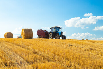 Obraz premium Bales of Hay in the Countryside and Tractor at Work in the background