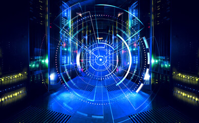 3D render Corridor of working datacenter. Digital Dreams series. Arrangement of technology...