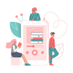 Podcast or Spoken Episodic Serie Listening with Man and Woman Character Near Huge Playback Device Vector Illustration