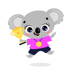 Cute cartoon flat doodle animals sport winners with gold medal and cup. Koala sport winner