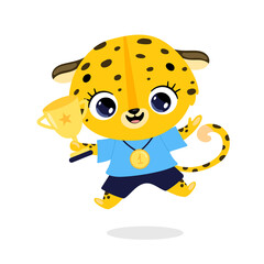 Cute cartoon flat doodle animals sport winners with gold medal and cup. Leopard cheetah sport winner