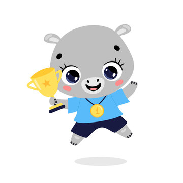 Cute cartoon flat doodle animals sport winners with gold medal and cup. Hippo sport winner